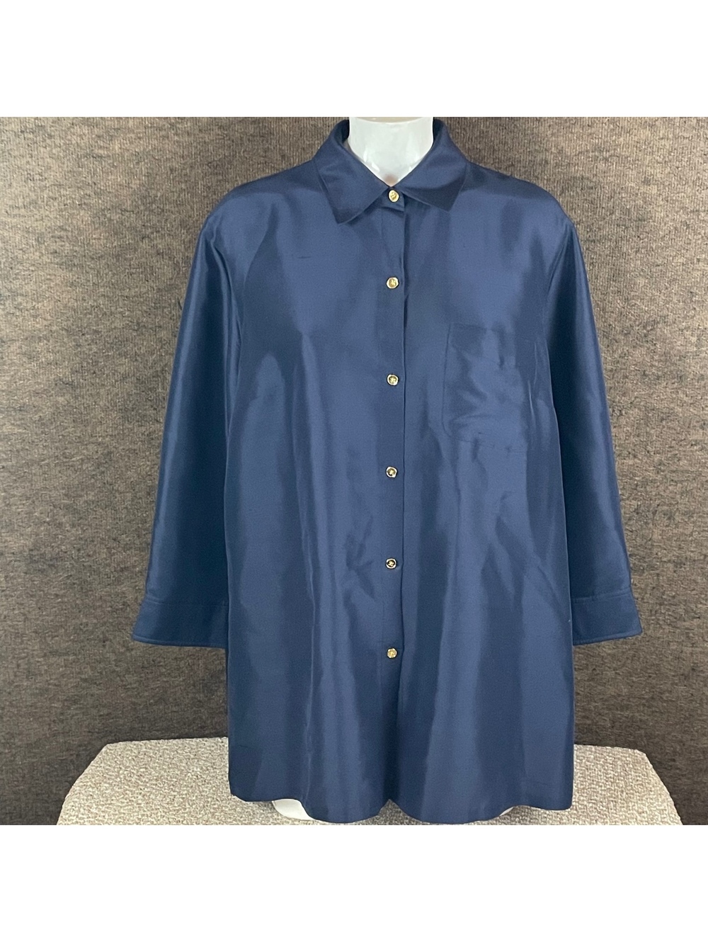 Lauren Ralph Lauren Navy Silk Blouse Size 20W Gold Buttons 3/4 Sleeve F383